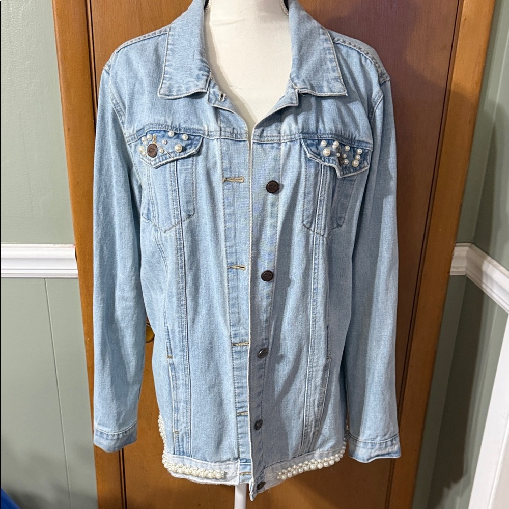 One 5 one Blue Denim Jacket with Pearl Accents size M
